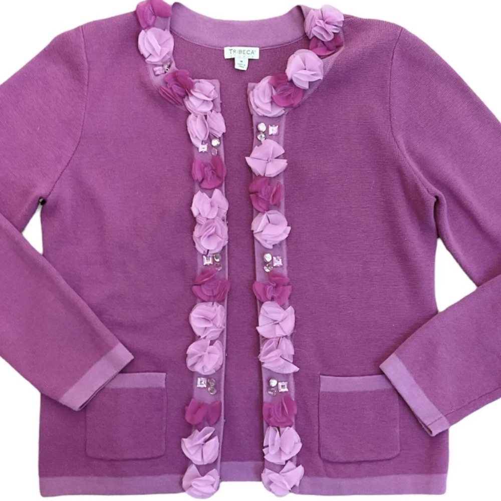 Tribeca Studio Cotton Blend Embellished Cardigan Rosettes, Rhinestones